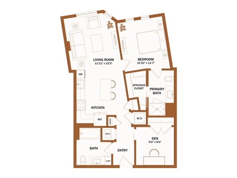 A floor plan of a house with a living room, kitchen, dining room, and bathrooms.